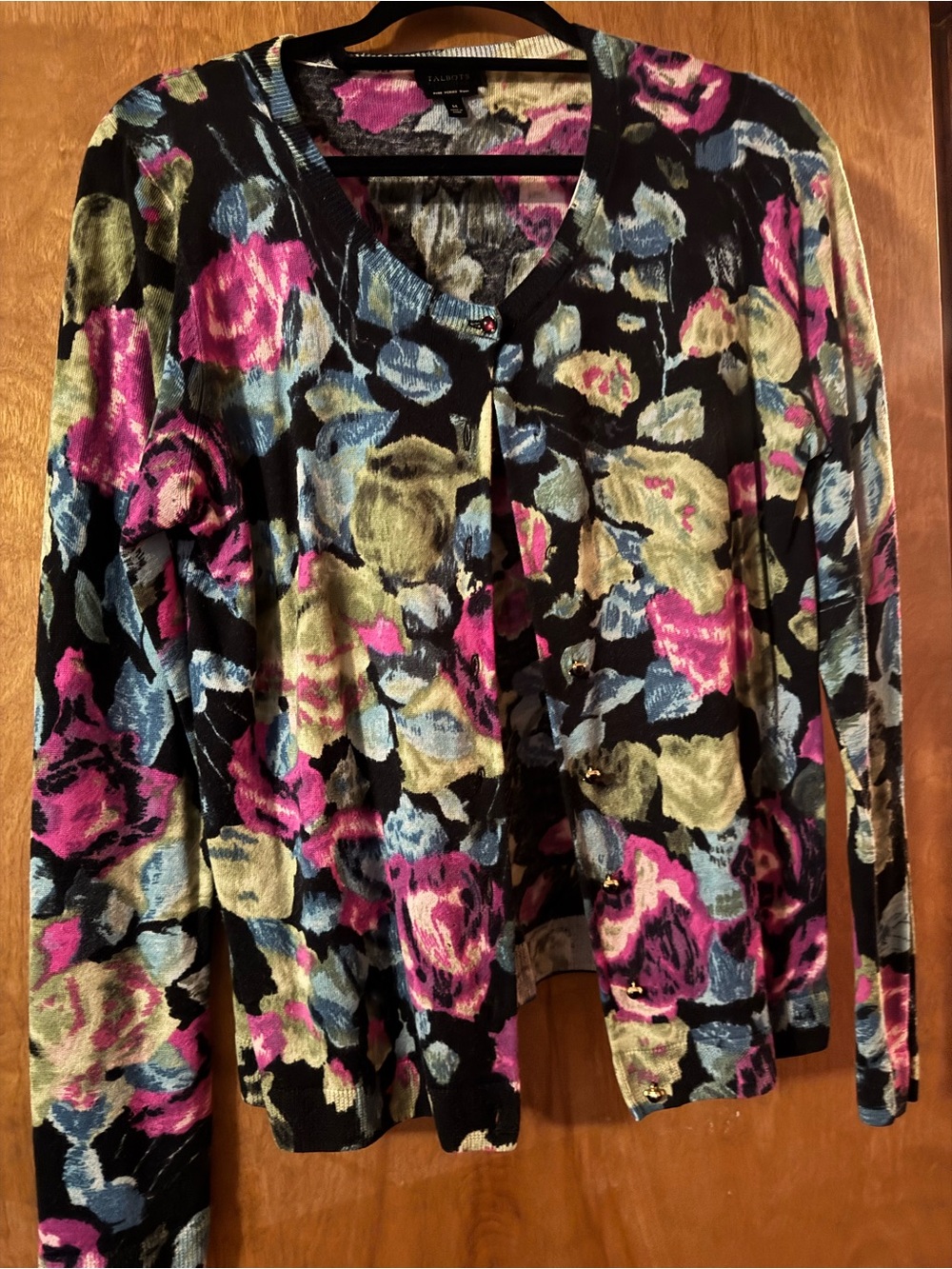 Talbots Black Floral V-Neck Cardigan with Pink, Blue & Green Accents